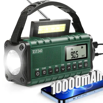 Produktbild von AM/FM Kurbelradio Notfall Weltempfänger, Notfallradio mit 10000mAh Akku, Solar Radio Survival Ausrüstung mit Taschenlampe/SOS Alarm/Handyladefunktion
