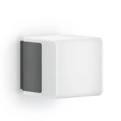 A modern, cube-shaped LED outdoor wall light with a white frosted diffuser and a dark gray mounting bracket, shown against a plain white background.