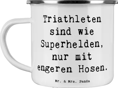Produktbild von Mr. & Mrs. Panda Teetasse Spruch Triathlon Superheld - Weiß - Geschenk, Teamsport, Laufen, Radfahren, Emaille Tasse, Pott, Sportler Geschenke, wandertasse, Schwimmen