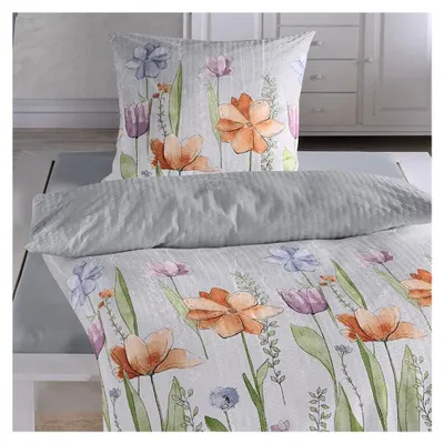 Produktbild von Seersucker Bettwäsche Set - 100% Baumwolle im floralen Aquarell Blumenmuster - Bügelfrei 135x200 cm + 80x80 cm