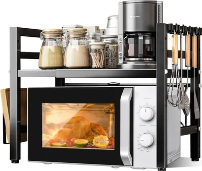 Immagine prodotto di Allecto Plus - Scaffale per microonde allungabile Scaffale da cucina regolabile e salvaspazio a due livelli, porta microonde con 6 ganci (40-64 cm) - Organizzatore da cucina con spazio aggiuntivo