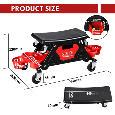 Produktbild von CCLIFE Werkstatthocker Rollsitz Rot, mit abnehmbarer Sitzfläche, fixierbaren Rädern, aus PP & Eisen, 3 Staufächern und 130 kg Tragkraft. Maße: Rollsitz 86x32x33cm; Sitzfläche 44x24x12cm; rote Schublade 36x26,5x7cm; kleine Schublade 22x13x8,5cm; roter Korb 13x12x7cm.