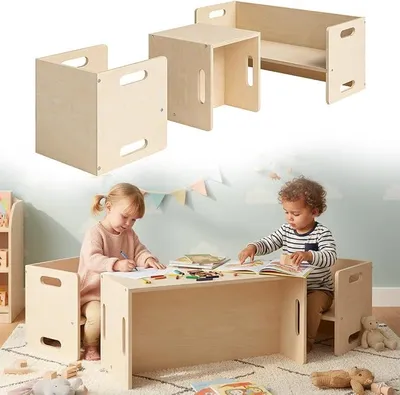 Imagen del producto de Juego de asiento para niños, 3 piezas, madera de abedul natural, taburete infantil 2 en 1