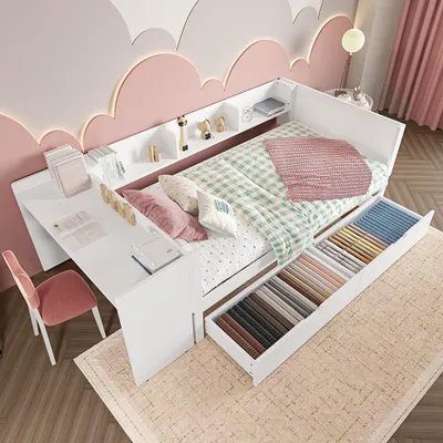 Produktbild von Sweiko Holzbett 90x200cm,Flachbett  mit Schreibtisch und 2 Schubladen,Einzelbett,weiß,Ohne Matratze