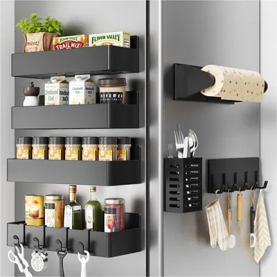 Produktbild von Magnetisches Gewürzregal für den Kühlschrank, 7-teiliger Kühlschrank-Organizer mit Papierhandtuchhalter, Hakenleiste und Besteckkorb, Wandregal für die Küche, tragbarer Aufbewahrungsorganizer für den Kühlschrank