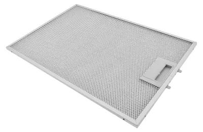 A metal range hood filter is shown from a diagonal angle against a white background.
