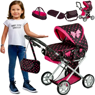 Produktbild von Kinderplay Puppenwagen 3-in-1 – Gondel, Sportwagen und Tragetasche – Höhenverstellbar mit Zubehör