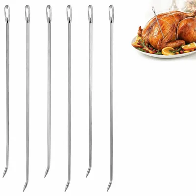 6 RVS-Trussing-Nadeln, 17 cm, gebogen, großes Öhr, wiederverwendbar