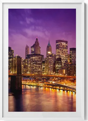 Produktbild von Lichter der Stadt am Abend– Wandbild mit Rahmen – Gerahmtes Bild  – Wanddekoration – 70x100 cm –  Weiß Rahmen