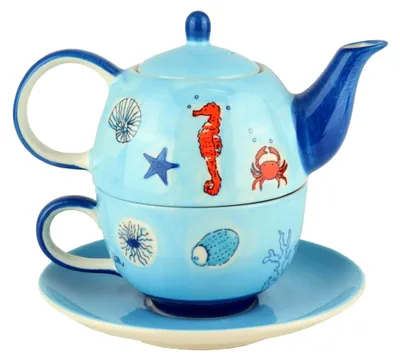 Produktbild von Keramik Tee-Set Tea for One Save The Ocean Maritime Teekanne ca. 400ml mit Tasse ca. 250ml und Unter-Tasse EIN-Personen-Tee-Service mit Meer-Motiven Seestern Seepferd Koralle Krabbe Krebs