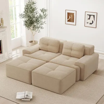 Produktbild von Modulares Cloud Sofa Beige Cord Sofa U Form mit Ottoman, 2-Sitzer Sofa mit Tiefem Sitz, Kratzfest & Ohne Montage, 204x177x69 cm