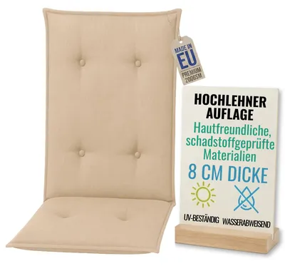 Produktbild von Pillows24 - Hochlehner Auflagen 120x50x8 cm | Gesteppte Wetterfeste Gartenstuhlauflagen | Sitzkissen für  Gartenmöbel |   EU | Cappuccino