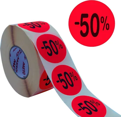 Produktbild von METO Promo-Etiketten "-50%" rund rot fluor 1 Rolle à 1.000 Etiketten