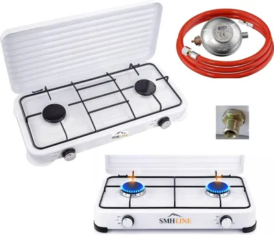 Obrázok produktu pre Plynový varič 2-horákový, 4,4 kW, smaltovaný, s plynovou hadicou, pre piknik
