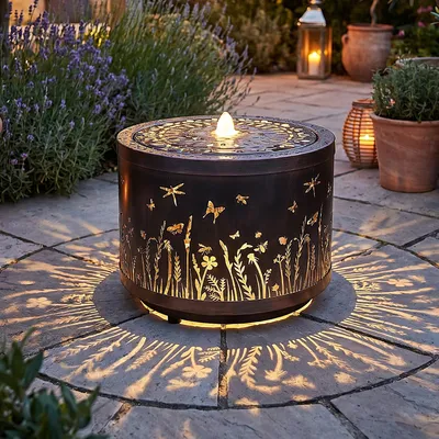 Produktbild von Gartenbrunnen mit LED Beleuchtung aus Metall runder Springbrunnen Wasserspiel Gartendeko