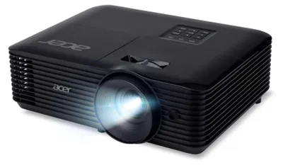 A black Acer projector is shown on a white background with the lens emitting a bright light.