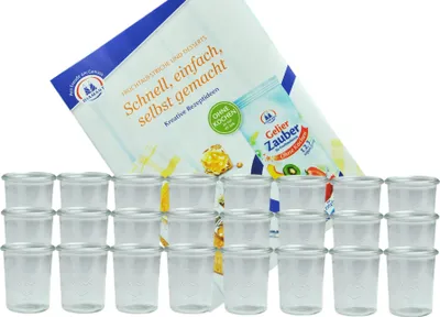 Produktbild von 24er Set Weck Gläser 160 ml Sturzgläser incl. Diamant-Zucker Gelierzauber Rezeptheft