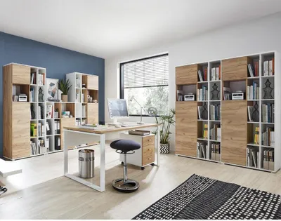 Produktbild von Büromöbel-Set GENT-01 in Navarra Eiche Nb. und weiß mit ABS Kanten und Schiebetüren BxHxT: 425x197x40cm