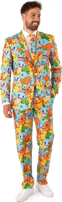 A man wearing a colorful Pokémon-themed suit and white sneakers stands against a white background.