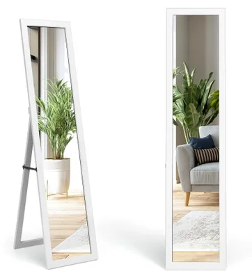 Produktbild von 2 in 1 Stand- und Wandspiegel, Bodenspiegel für Ankleidezwecke, Ganzkörperspiegel mit Holzrahmen, Garderobenspiegel für Wohnzimmer und Schlafzimmer, 37x50x148cm (Weiß)