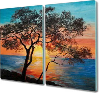 Produktbild von Coloray Küchenbrett Kochplattenabdeckung Hackbrett Schneidebrett Herdabdeckplatte 2x30x52 cm - Baum Sonnenuntergang Meer