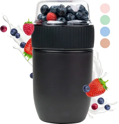 Produktbild von DigiRigi® Coninx Joghurtbecher To‑Go 640 ml (450+190 ml) – zweiteilig, 100% auslaufsicher, doppelwandig, BPA‑frei, gefrierfest, Schwarz
