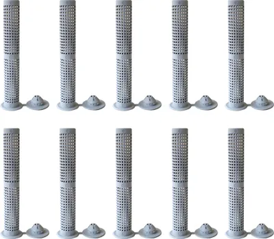 Ten gray cylindrical mesh sleeves with flared bases are arranged in two rows of five on a white background.