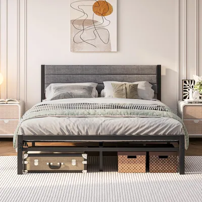 Bett 140x200 cm mit Lattenrost, Metallgestell, gepolstert, grau