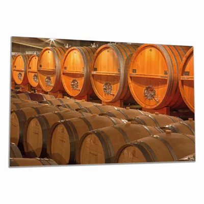 Produktbild von Wallario Herdabdeckplatte aus Glas, Größe 80 x 52 cm 1-teilig, Motiv Weinkeller mit alten Holzfässern