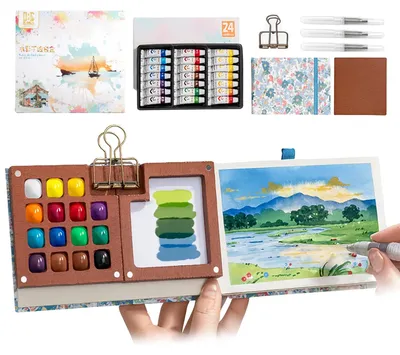 Image de Omgoods - Set de peinture aquarelle portable avec 24 couleurs et pinceaux