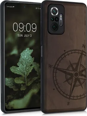 Produktbild von kwmobile Hülle kompatibel mit Xiaomi Redmi Note 10 Pro Hülle - Holz Case - Handy Cover - TPU Handyhülle in Dunkelbraun Kompass Vintage