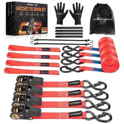 Immagine prodotto di Cinghie di sollevamento con sistema a ratrapello, capacità 4 x 997 kg, lunghezza 4,5 metri, ganci da 25 mm, colore rosso, incluse borsa e elastici