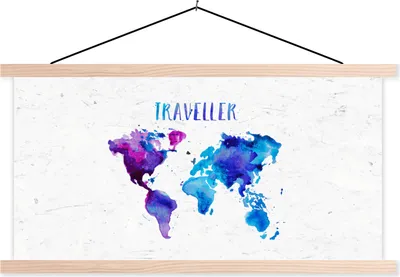 Produktbild von MuchoWow® Textilposter Weltkarte - Zitate - Aquarell 120x60 cm mit holzfarbenen Rahmen - Klemmleiste