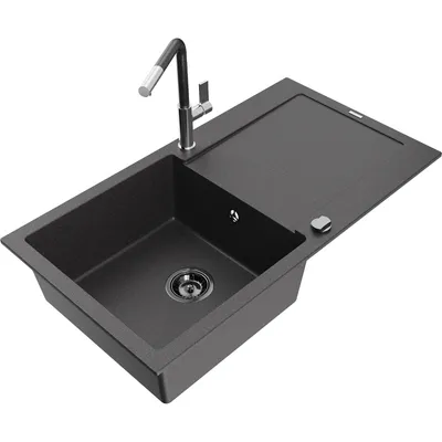 Obrázek produktu pro Mexen Leo 1-miskový granitový dřez s odkapávačem a kuchyňskou baterií Flora, Skvrnitá černá - 6501-76-670401-08-B