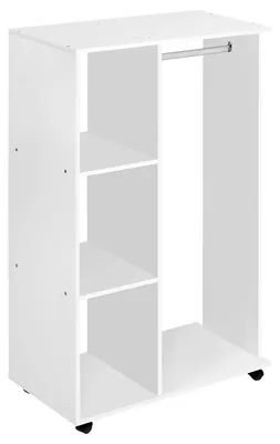 Zdjęcie produktu dla Otwarta szafa na kółkach z drążkiem na ubrania i półkami, do przechowywania ubrań wiszących i złożonych, 80 x 40 x 128 cm, biała
