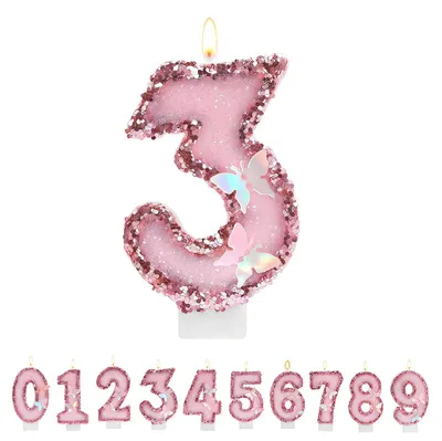 Geburtstagskerze Zahl 3, rosa, glitzernd, 1 Stück