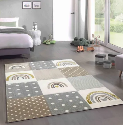 Immagine prodotto di Tappeto per bambini Tappeto per la cameretta dei bambini cuore a pois arcobaleno design crema beige grigio dimensioni - 200 x 290 cm
