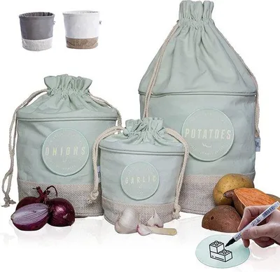 Produktbild von Unyqoos® 3er-Set Jute-Aufbewahrungsbeutel – Stoffboxen mit lebensmittelechter schwarzer Innenbeschichtung, für Kartoffeln & Zwiebeln, Küche & Bad, Mint