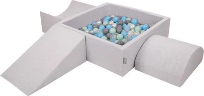 Image de KiddyMoon aire de jeux en mousse avec piscine à balles carrées (300 balles) fosses à balles pour bébés piscine de jeux courses d'obstacles, fabriqué en eu, gris clair:perle/gris/transparent/babyblue/minze