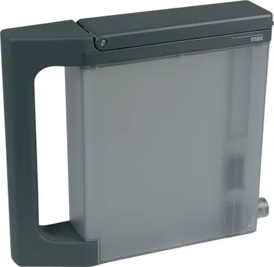 A close-up product shot of a gray plastic water tank with a handle.