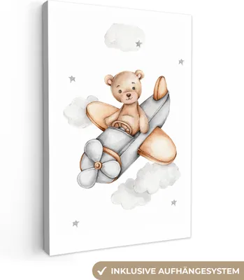 Produktbild von MuchoWow® - Leinwandbilder - Bär - Flugzeug - Sterne - Kinder, Wandbild, Wanddeko Bilder Wohnzimmer, 40x60 cm