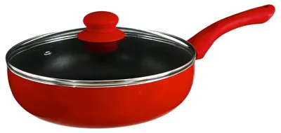 Zdjęcie produktu dla Głęboka emaliowana patelnia z pokrywką, aluminiowa, kolor czerwony, średnica 24 cm