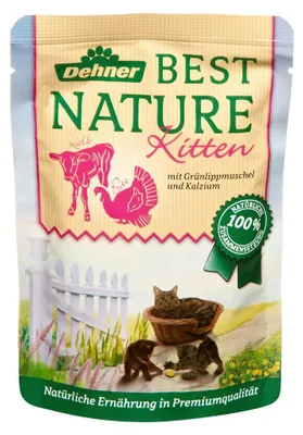 Produktbild von Dehner Best Nature Katzenfutter Kitten, Nassfutter, für junge Katzen, Kalb / Pute / Grünlippmuschel, 16 x 85 g Beutel (1.36 kg)