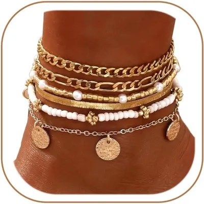 Produktbild von Sechsteiliges Verstellbares Wasserfestes Boho-Stil Fußkettenset mit Weißen Perlen und Cuban Link Kette