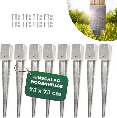 Imagen del producto de Conjunto de 8 fundas para pilares de anclaje, 71x71x750 mm. Fundas para pilares tipo parasol, soportes para postes, postes de valla, postes de madera. Fundas para anclaje, fundas de inserción, anclajes para suelo, estacas para clavar, galvanizadas, con tornillos