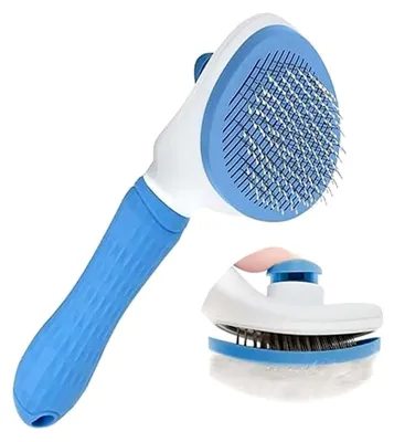 Produktbild von Haarbürste für Katzen, Selbstreinigende Haustierbürste - Hautfreundliche Pflegebürste, Katzenbürste zum Entfernen von Haaren mit Metallkamm für kurze und lange Haare (Blau)