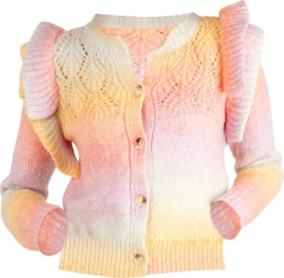 Produktbild von Strickjacke mit Regenbogen-Muster und Volants an den Schultern, Rainbow-Serie
