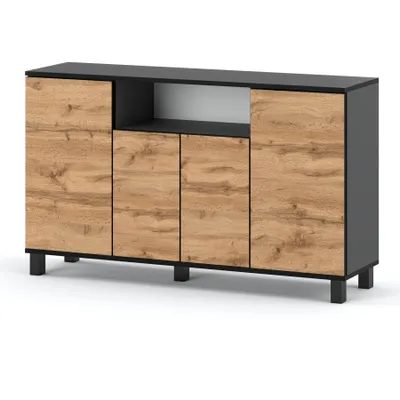A modern sideboard with a wood-grain finish and black accents, shown against a white background.