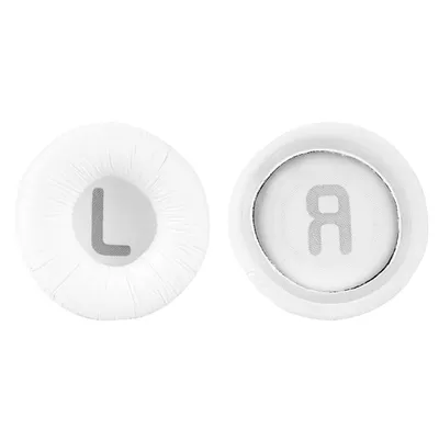 Two white ear pads for headphones, one marked with 'L' and the other with 'R'.