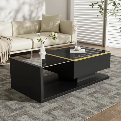 Image de OKWISH Table Basse Moderne Haute Brillance avec Plateau en Verre et Éclairage LED, MDF Noir, 100x50x32,5 cm